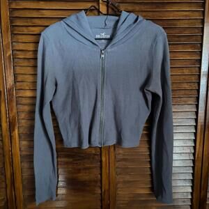 Hollister Women's Hoodie Sweatshirt - Blue Croped Thermal - Size Medium 10-12